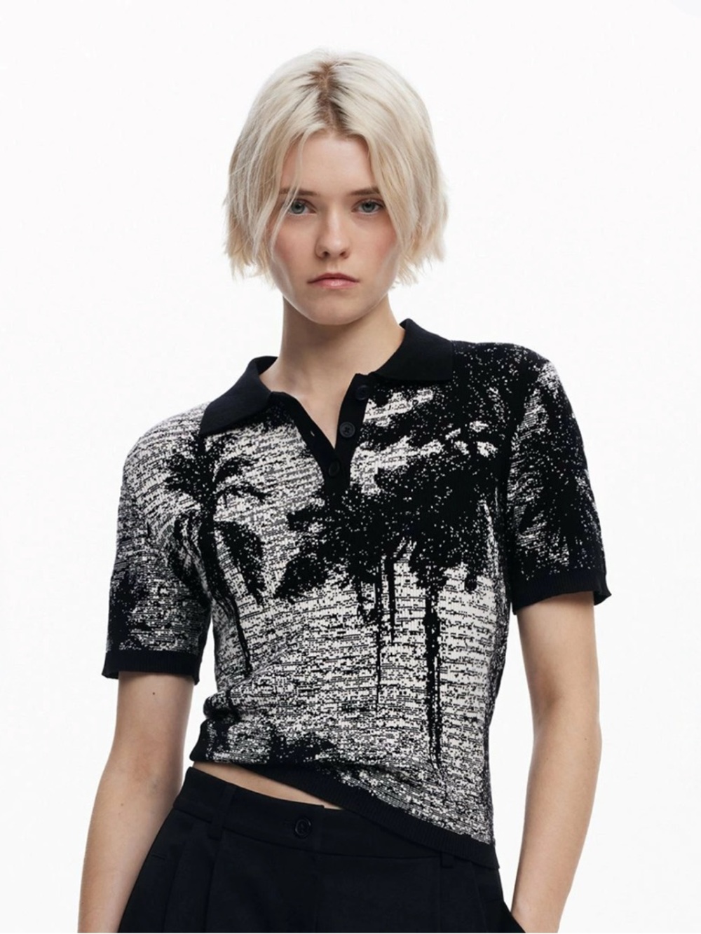 Desigual Black & White Women's Tropical Hawaii Print Polo Top